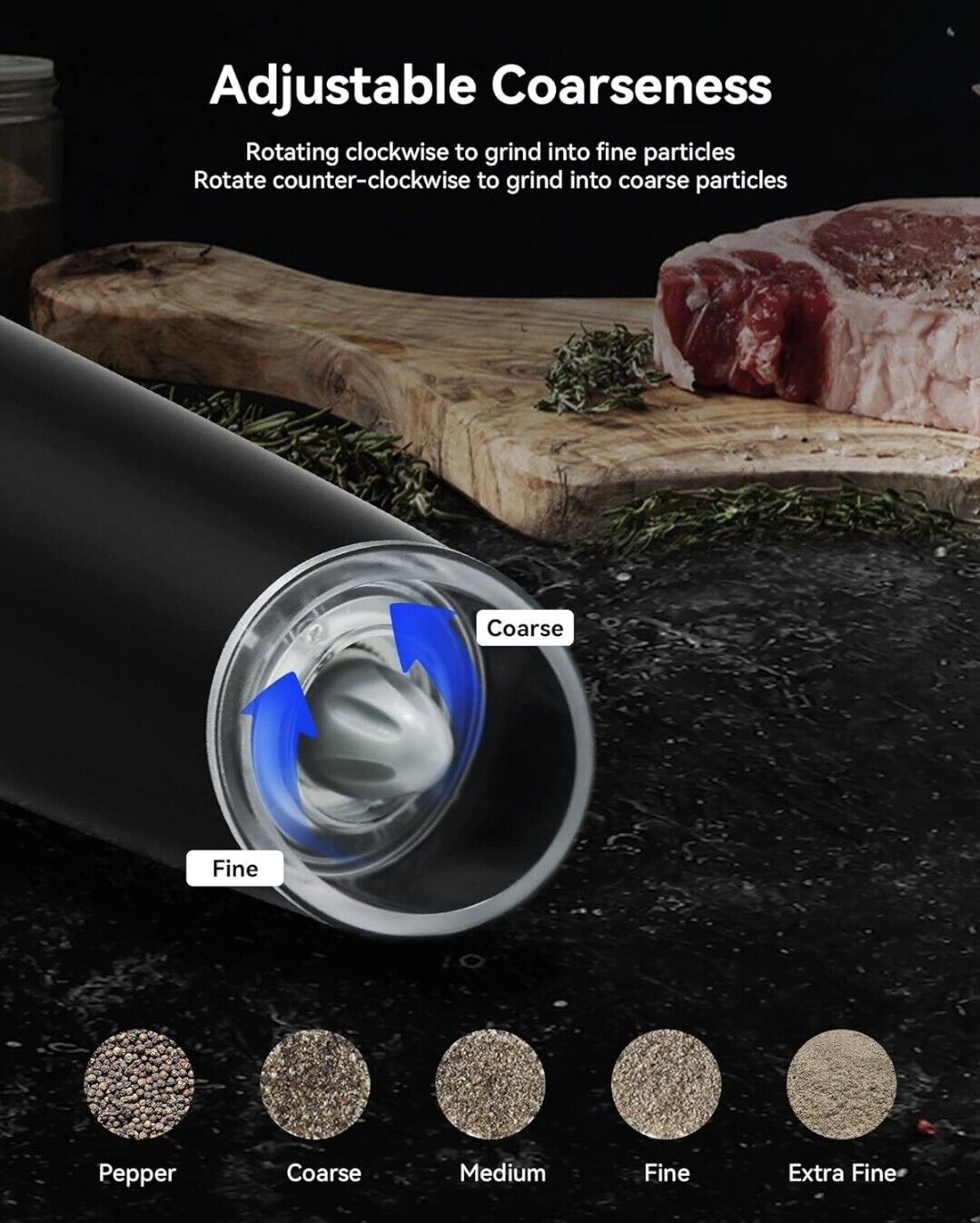 Electric salt and pepper grinder with adjustable coarseness settings for customised grinding