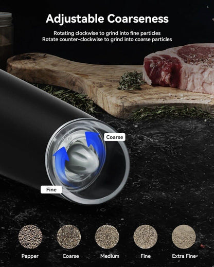 Electric salt and pepper grinder with adjustable coarseness settings for customised grinding