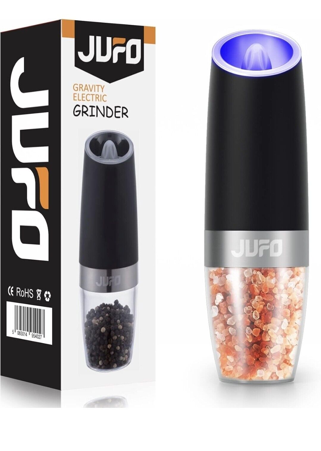 JUFO Gravity Electric Grinder in Black with Adjustable Settings for Electric Salt and Pepper Grinder