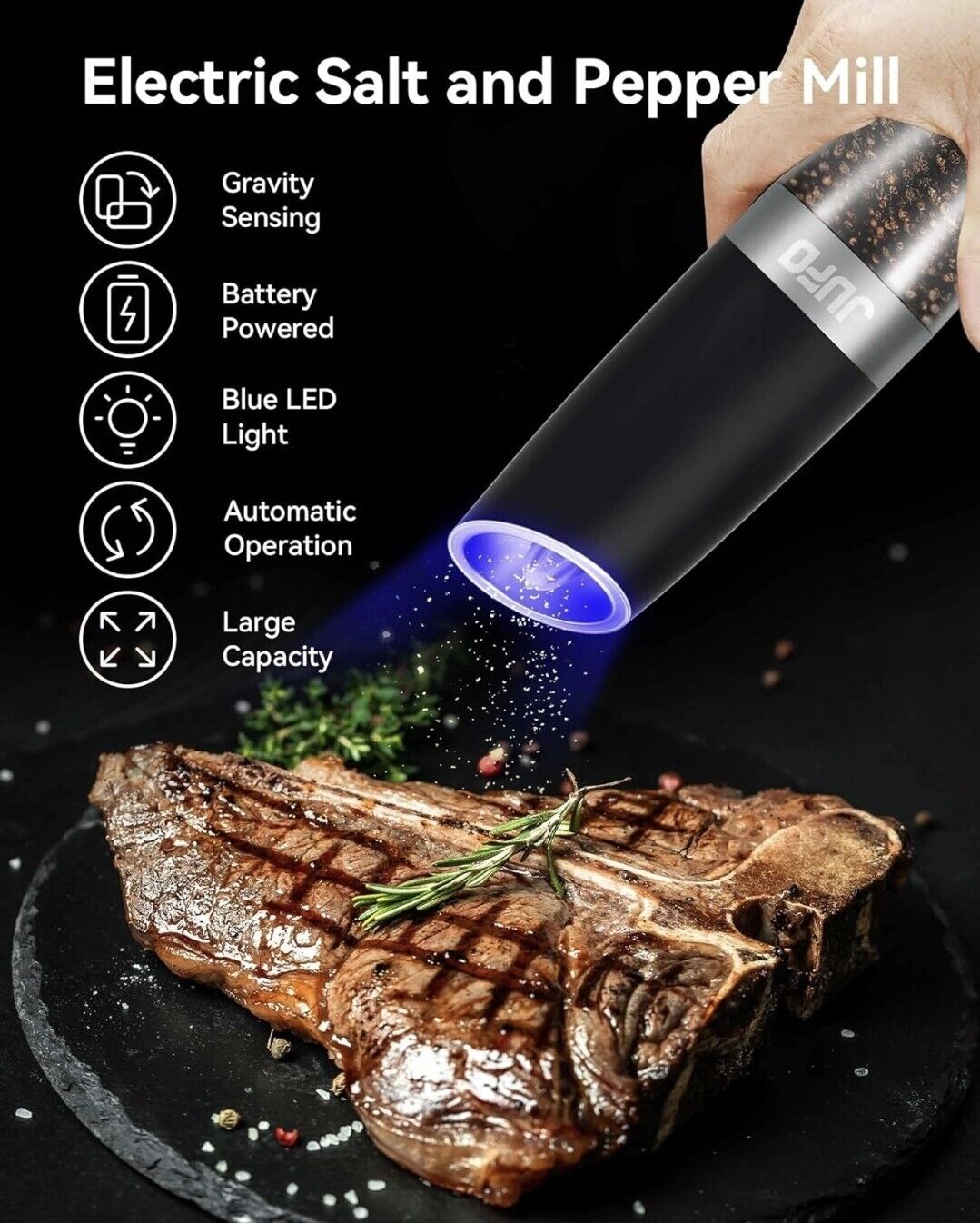 Electric salt and pepper grinder with gravity sensing and blue LED light for easy seasoning
