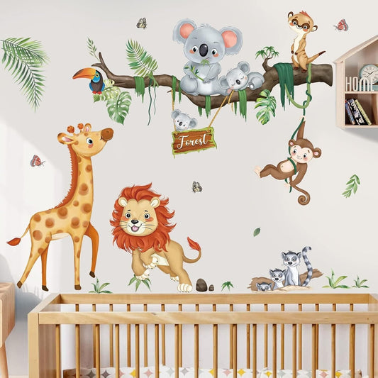 Colourful jungle animal wall stickers featuring a giraffe, lion, koala and monkey for kids' room decor