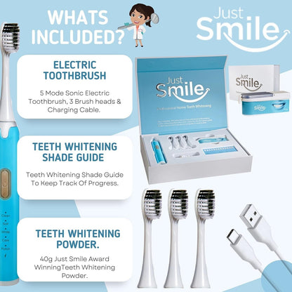 Just Smile toothbrush kit with electric toothbrush, brush heads, whitening guide and USB charging cable