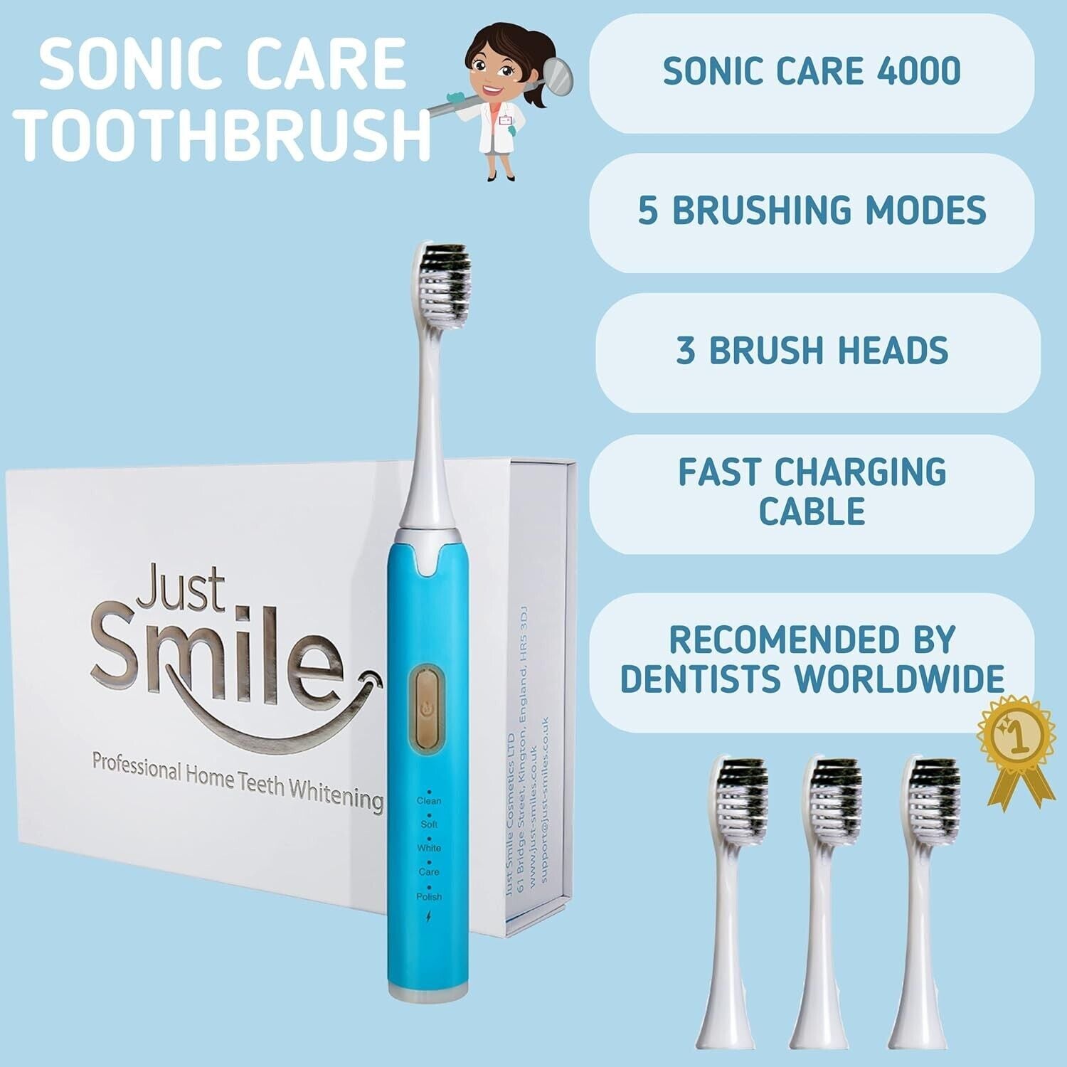 Just Smile toothbrush kit featuring Sonic Care 4000, 5 brushing modes, 3 brush heads, and fast charging cable