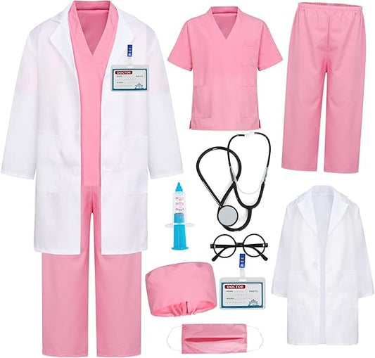 KumSoomliy kids doctor costume set featuring pink scrubs, lab coat, stethoscope and accessories