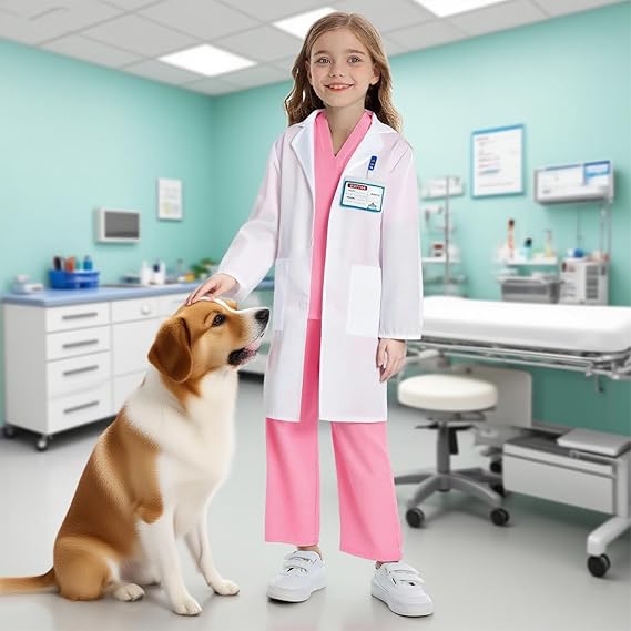 Kids doctor costume set featuring a white lab coat and pink scrubs, perfect for aspiring young doctors