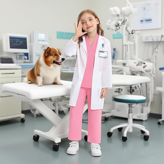 KumSoomliy kids doctor costume set featuring a child in a pink scrubs outfit with a white lab coat