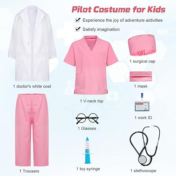 KumSoomliy kids doctor costume set with white coat, pink scrubs, accessories, and stethoscope for imaginative play