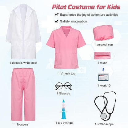 KumSoomliy kids doctor costume set with white coat, pink scrubs, accessories, and stethoscope for imaginative play