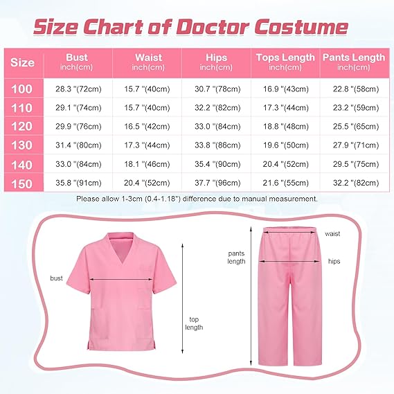 Size chart for kids doctor costume set with measurements for bust, waist, hips, and lengths