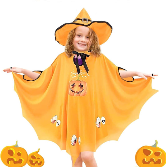 Kids Halloween bat costume with orange cape, pumpkin design and spooky decorations suitable for trick-or-treating