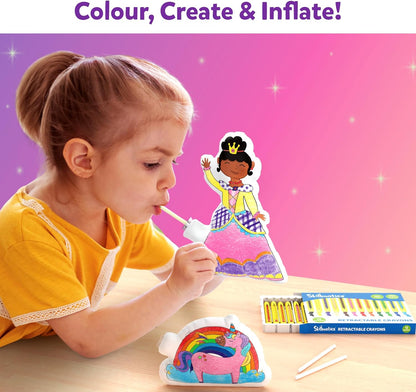 Child using the inflatable art kit for kids, colouring and inflating a princess figure