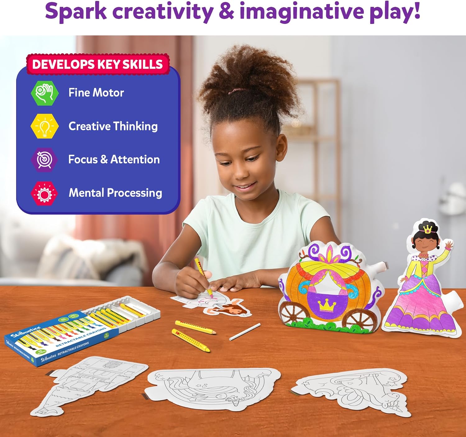 Skillmatics inflatable art kit for kids featuring a child painting with colourful markers on crafts