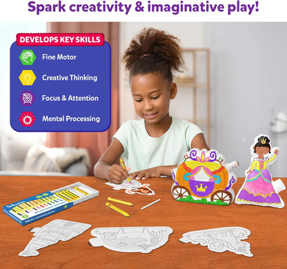 Skillmatics inflatable art kit for kids featuring a child painting with colourful markers on crafts