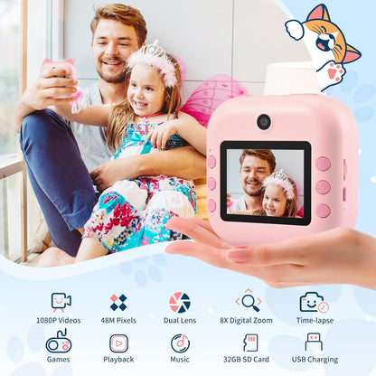 PaNt kids instant print camera in pink capturing joyful moments with a father and daughter