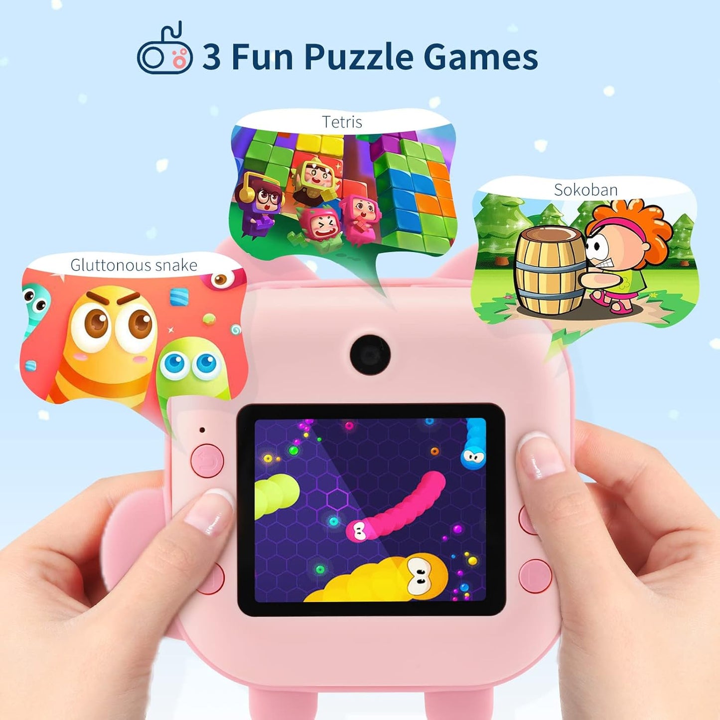 Kids instant print camera featuring three fun puzzle games including Tetris and Gluttonous Snake