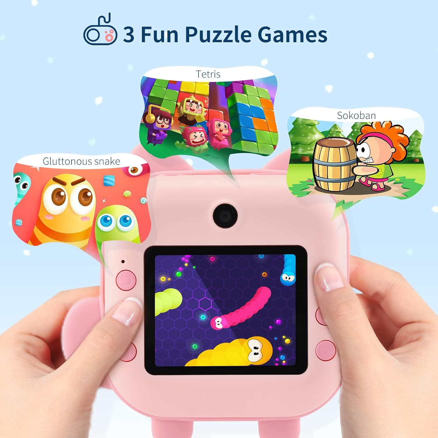Kids instant print camera featuring three fun puzzle games including Tetris and Gluttonous Snake