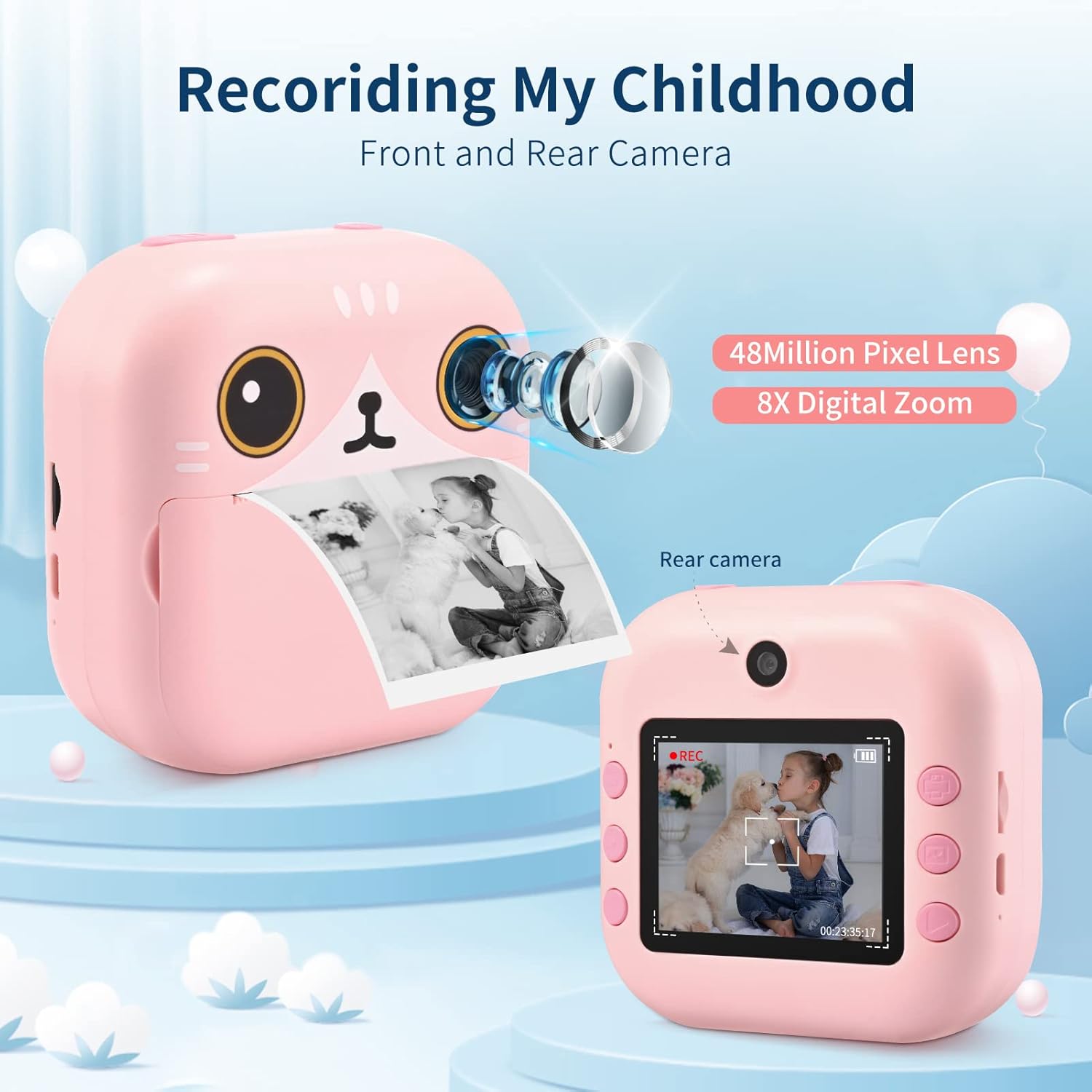 PaNt kids instant print camera in pink with dual lenses and photo printing feature