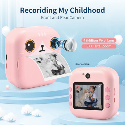 PaNt kids instant print camera in pink with dual lenses and photo printing feature