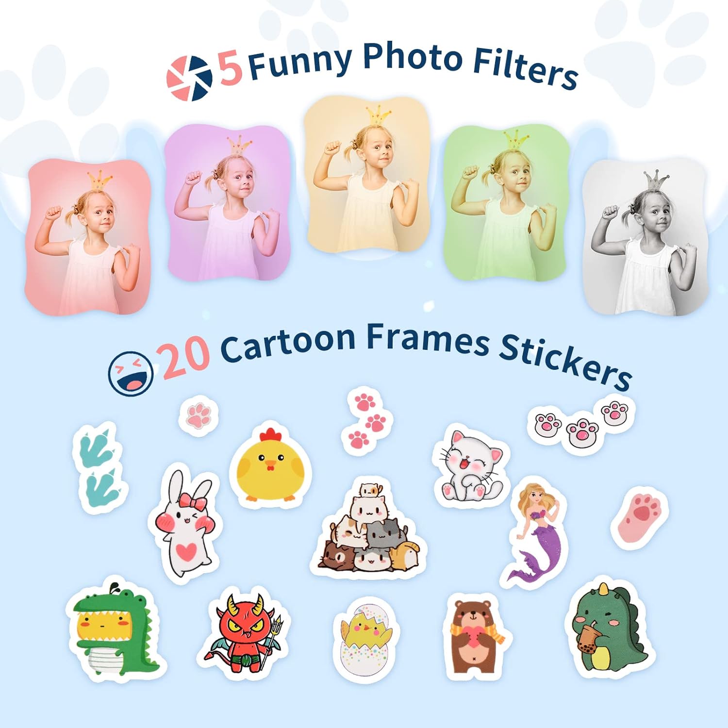 Kids instant print camera with 5 funny photo filters and 20 cartoon frames stickers for creative fun