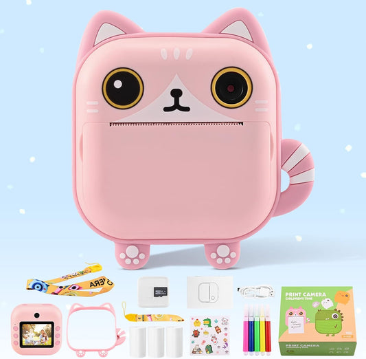 PaNt kids instant print camera in pink with cat design and accessories for fun photography