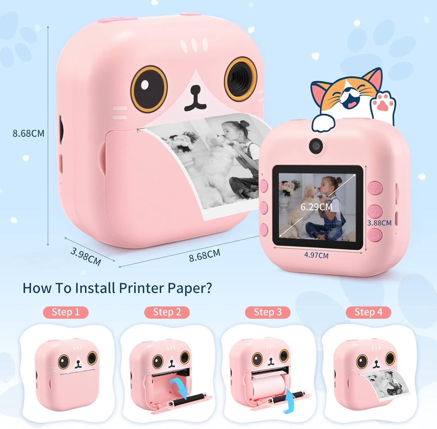 PaNt kids instant print camera in pink with step-by-step guide for installing printer paper