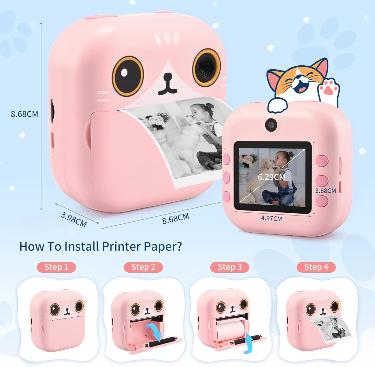 PaNt kids instant print camera in pink with step-by-step guide for installing printer paper