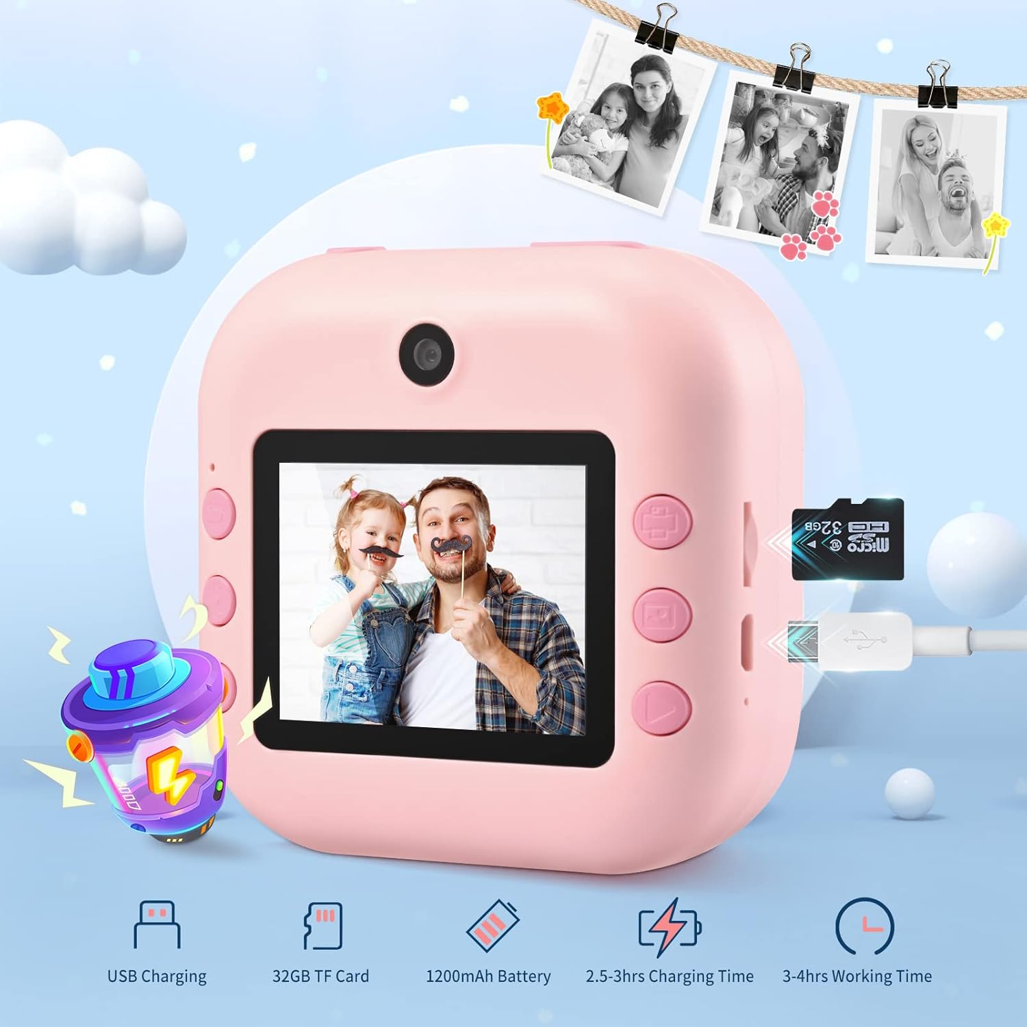 PaNt kids instant print camera in pink with USB charging and 32GB TF card for instant photos