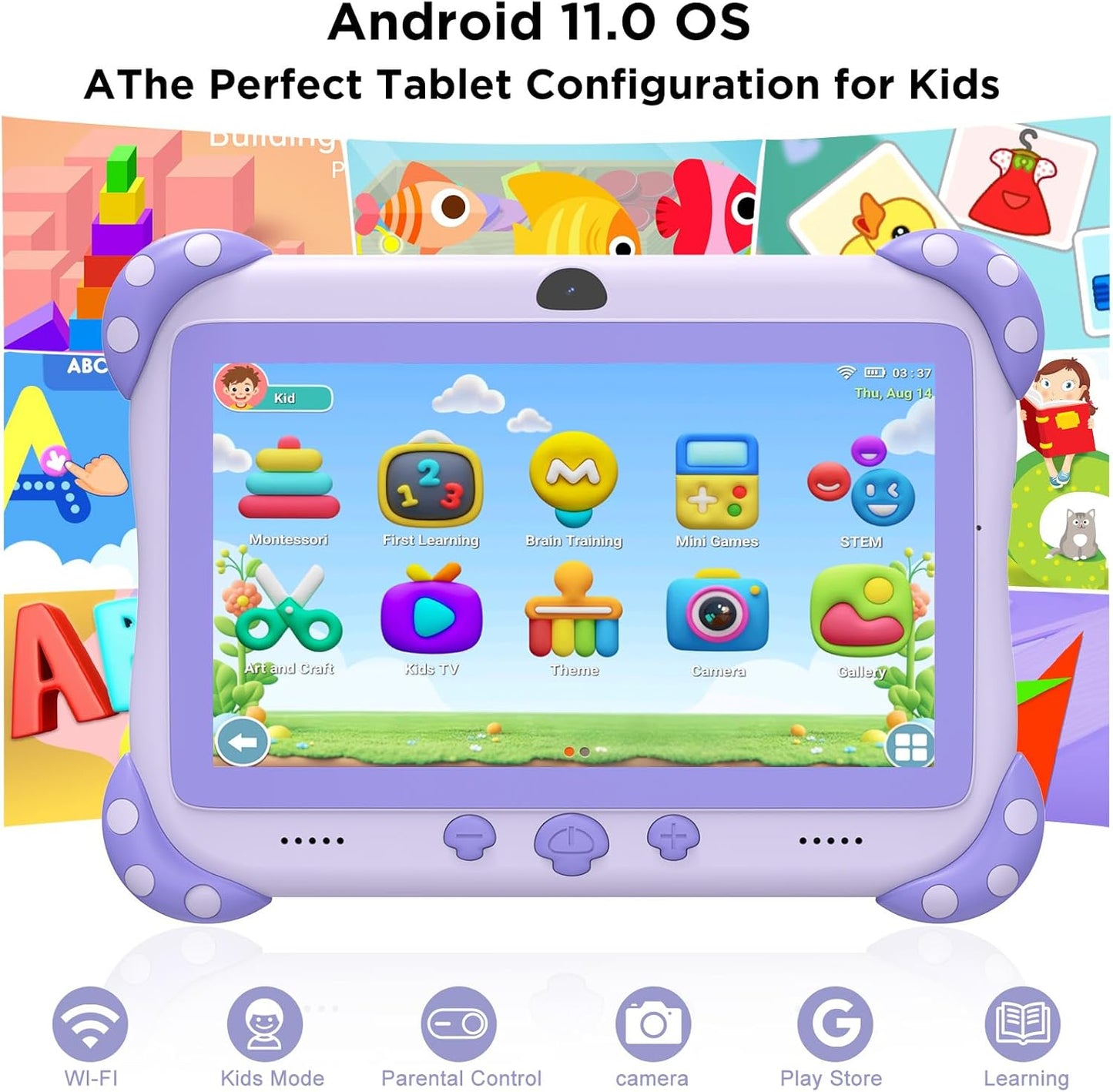 Ascrecem kids tablet with parental control featuring Android 11.0, bright display, and educational games