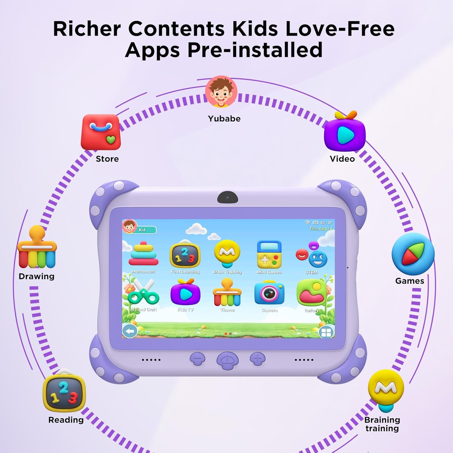 Ascrecem kids tablet with parental control featuring pre-installed educational apps and vibrant interface