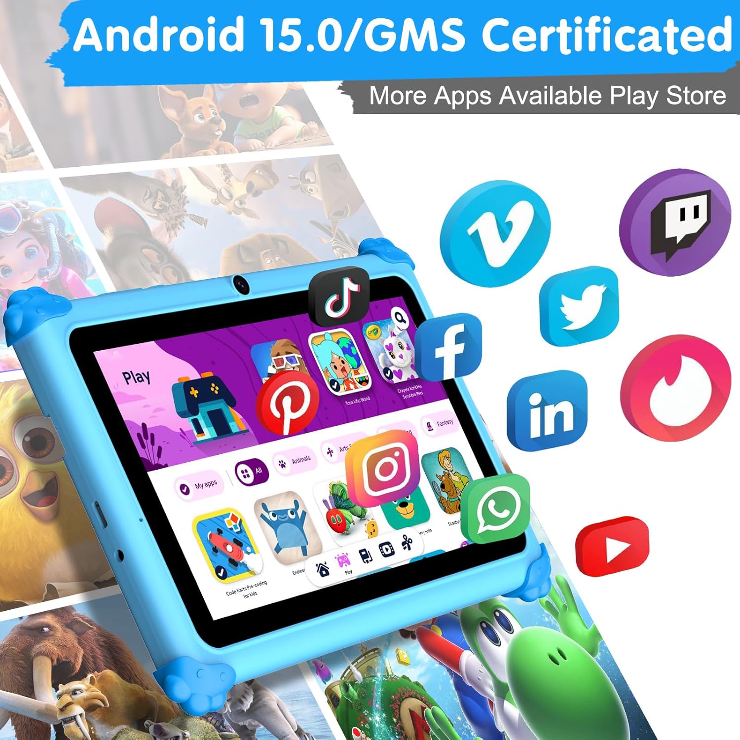 Asrecem kids tablet with parental controls featuring Android 15.0 and various apps for safe entertainment