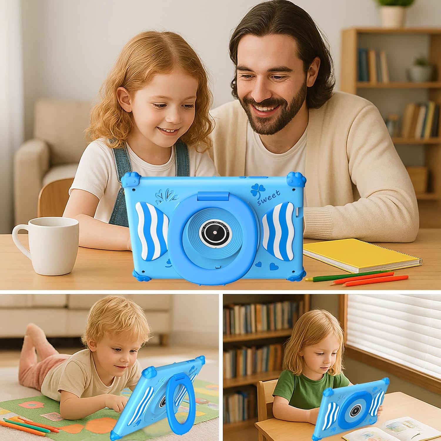 Asrecem kids tablet with parental controls in blue, designed for safe learning and entertainment for children