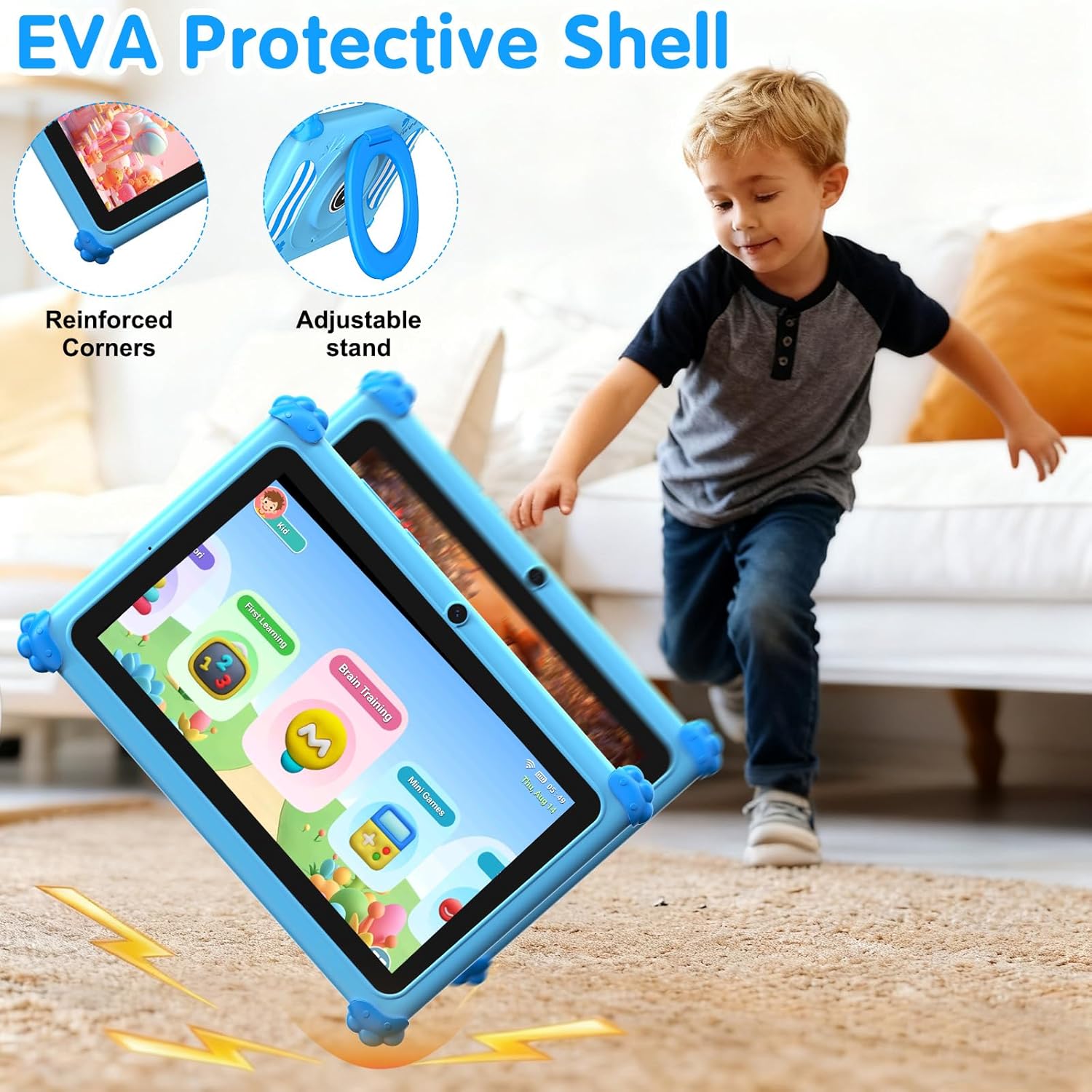 Asrecem kids tablet with parental controls in blue EVA shell with adjustable stand and reinforced corners