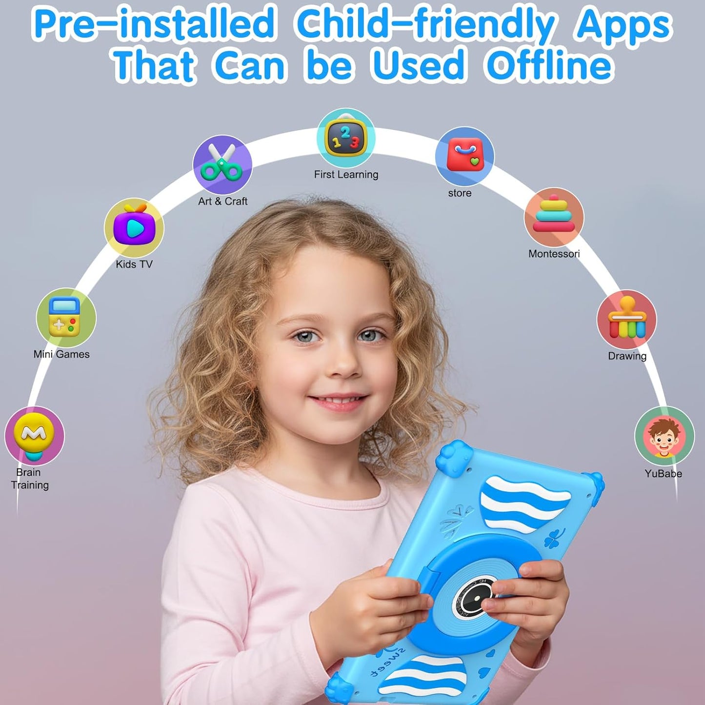 Asrecem kids tablet with parental controls featuring pre-installed child-friendly apps for offline use