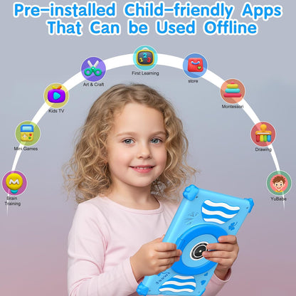 Asrecem kids tablet with parental controls featuring pre-installed child-friendly apps for offline use