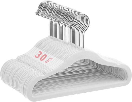 MangoKit kids velvet hangers 30 pack in white with a non-slip surface for organised wardrobes