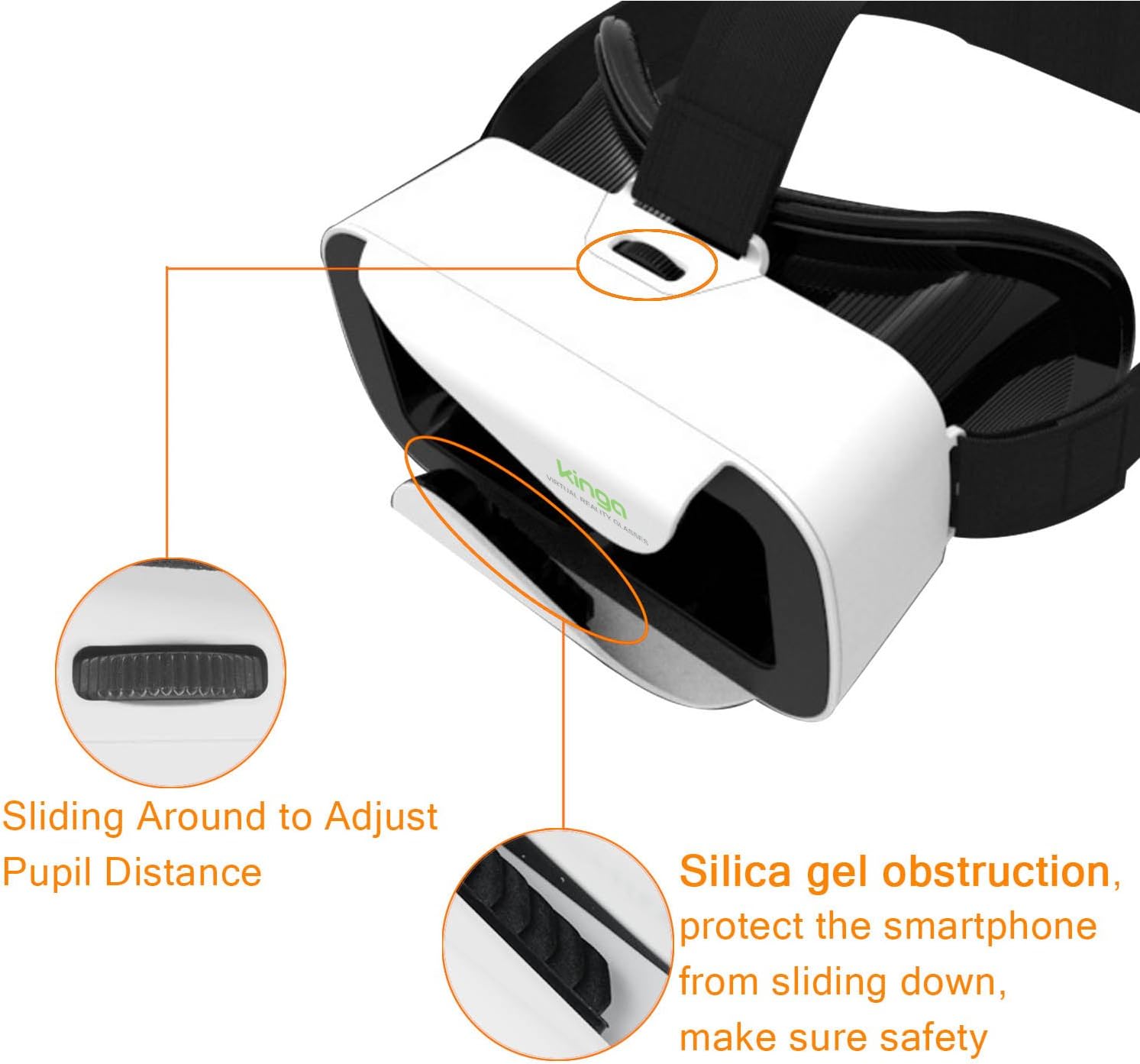 Kinga VR headset for smartphones with adjustable pupil distance and silica gel obstruction for safety