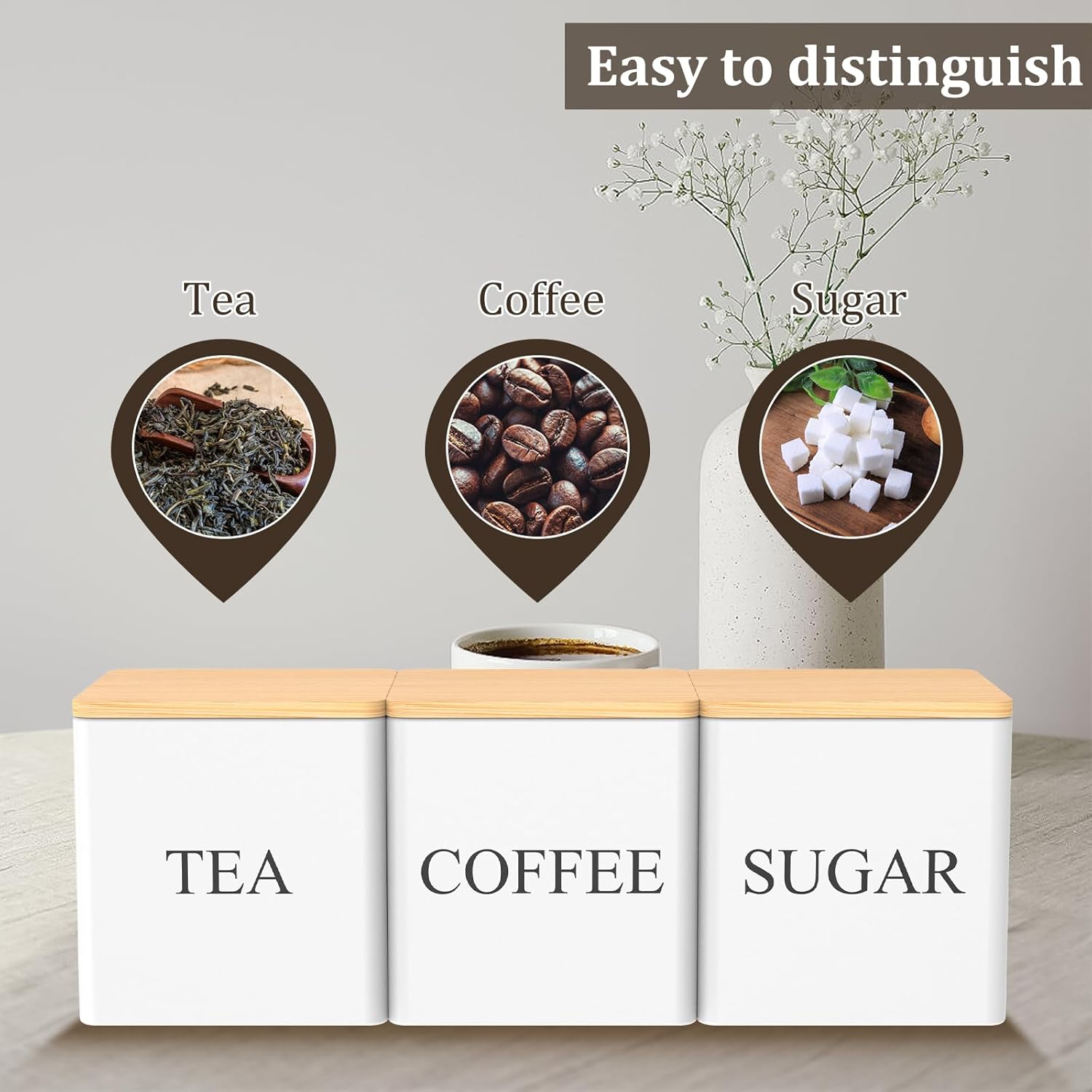 VAVPUP kitchen canister set with bamboo lids, labelled for tea, coffee, and sugar storage