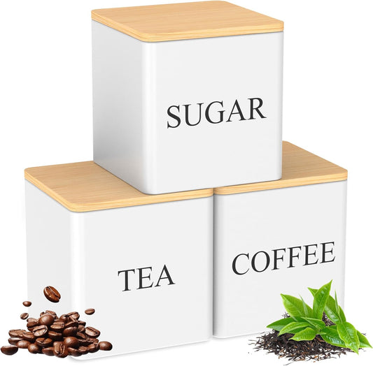 VAVPUP kitchen canister set with bamboo lids in white for storing tea, coffee, and sugar
