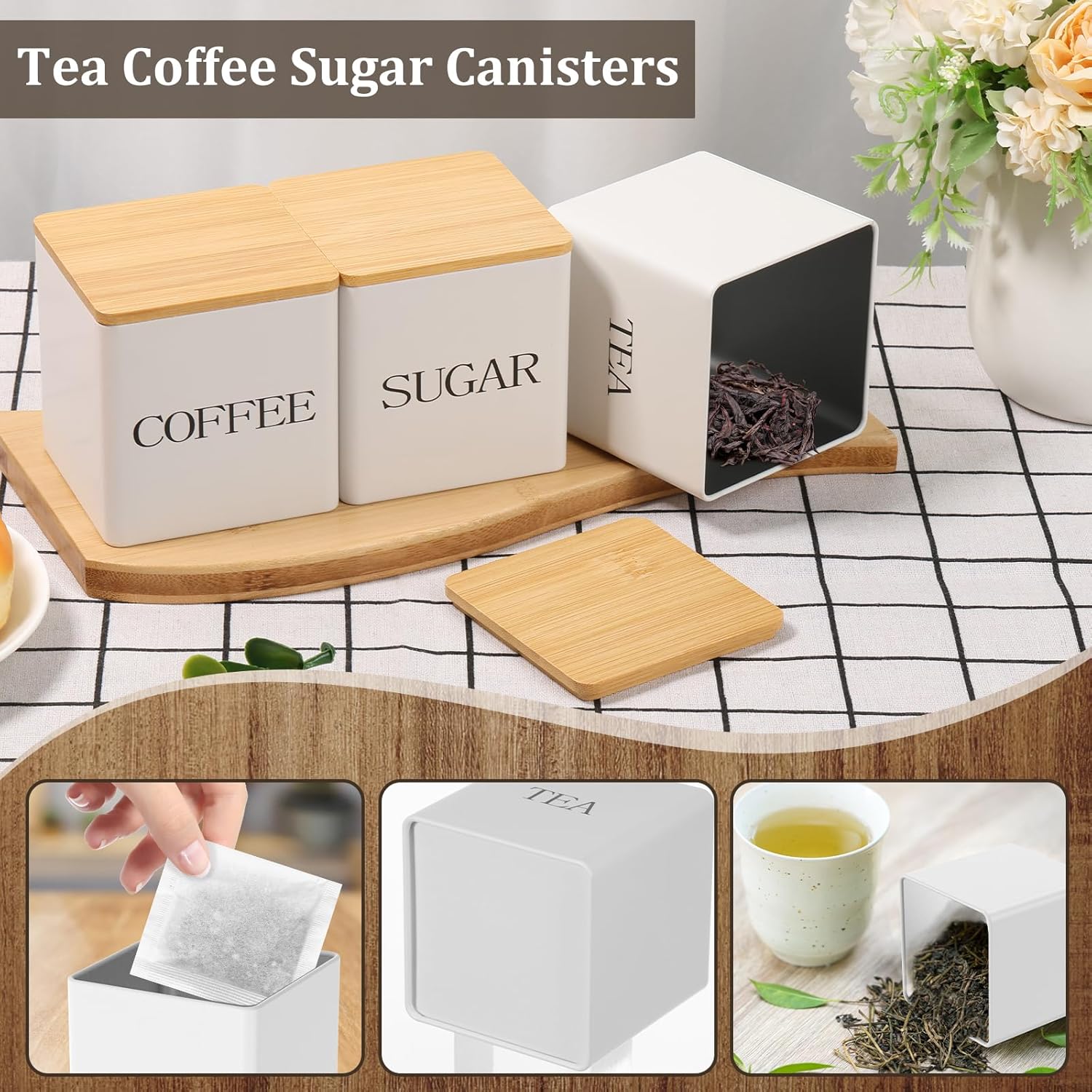 VAVPUP kitchen canister set with bamboo lids for coffee, tea, and sugar storage on a kitchen countertop