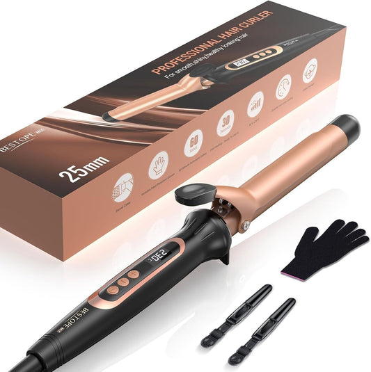 Large barrel curling iron for big curls with 25mm barrel, heat resistant glove, and hair clips by The Trading Warehouse