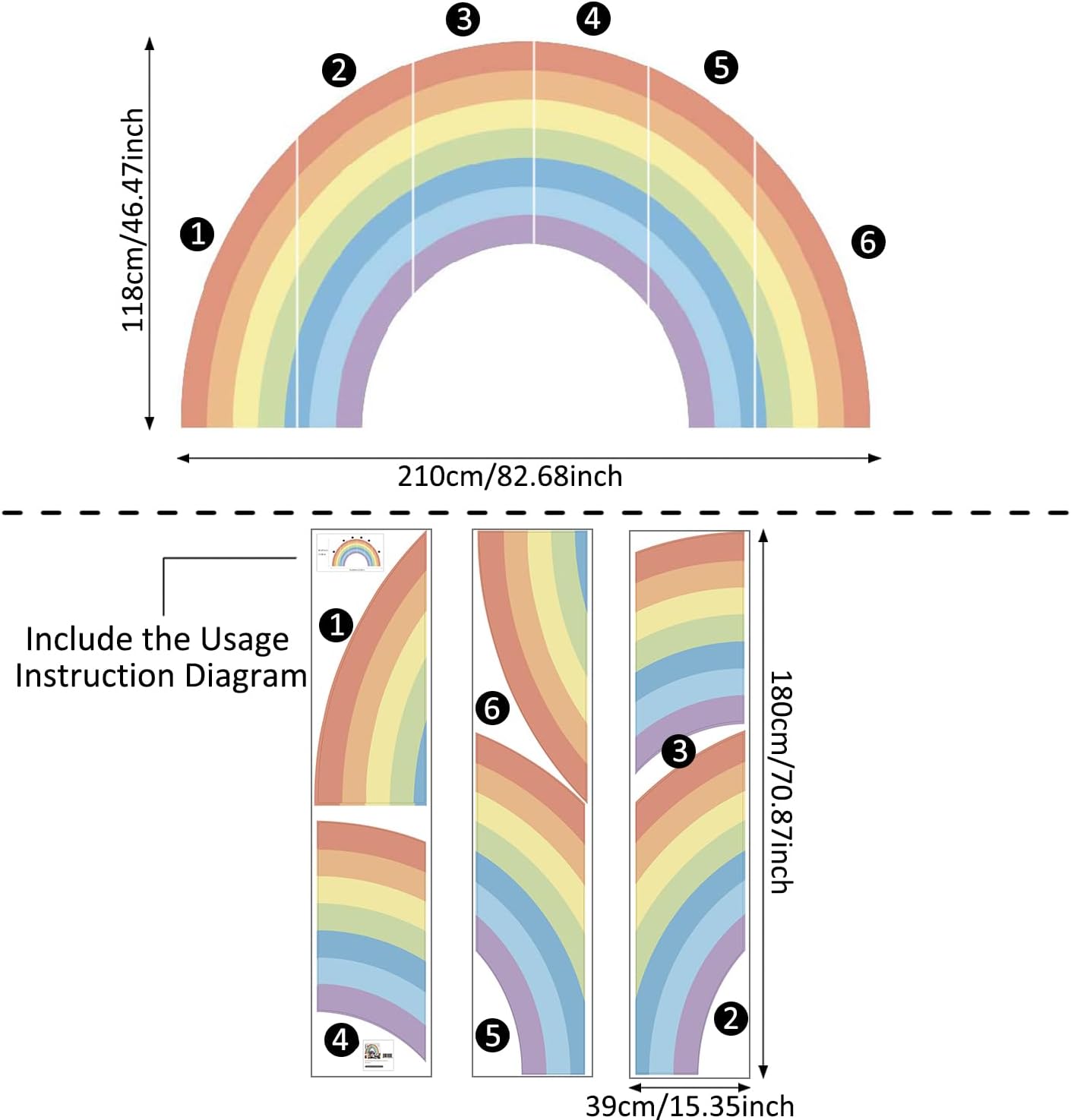 Large pastel rainbow wall stickers with six sections and usage instruction diagram for easy application