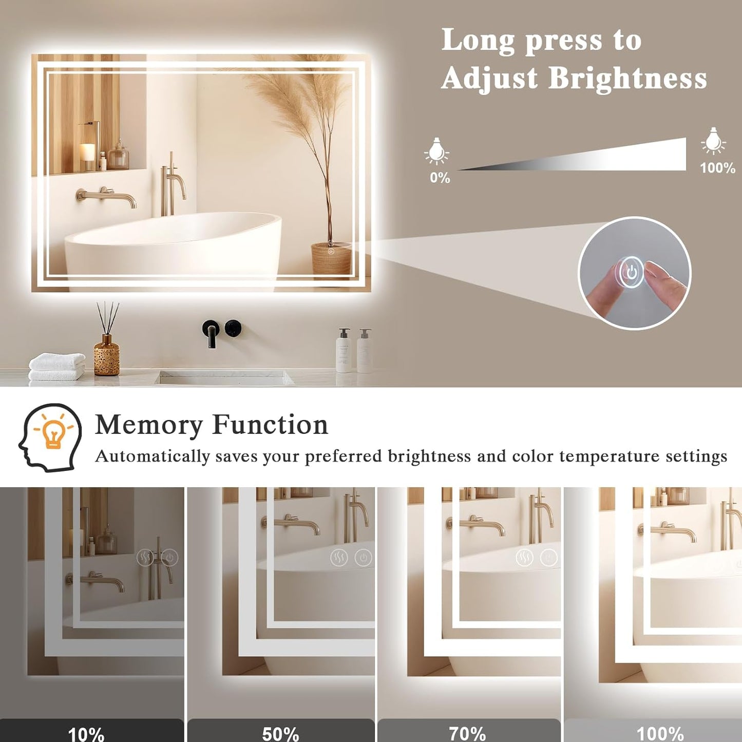Archaluxe LED bathroom mirror with anti-fog and adjustable brightness for optimal lighting