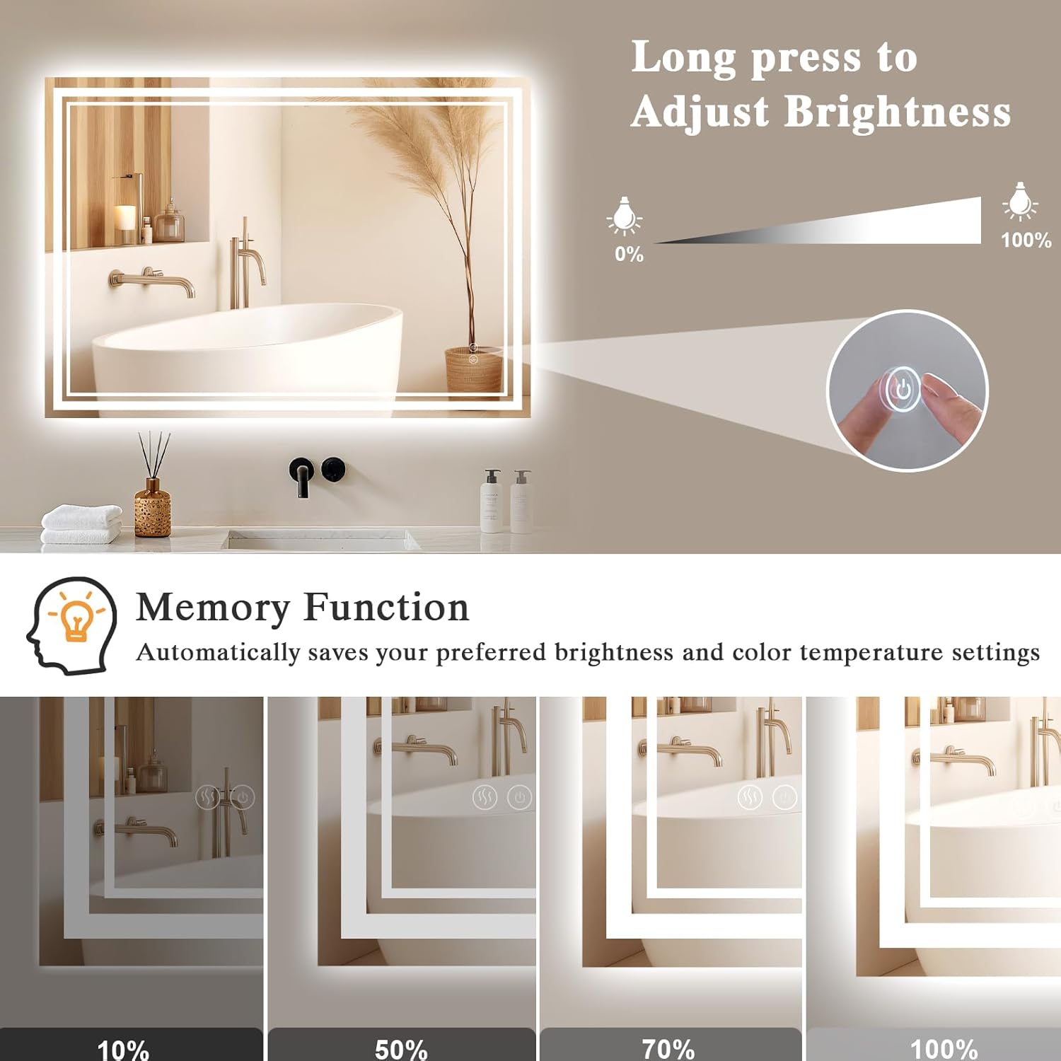 Archaluxe LED bathroom mirror with anti-fog and adjustable brightness for optimal lighting