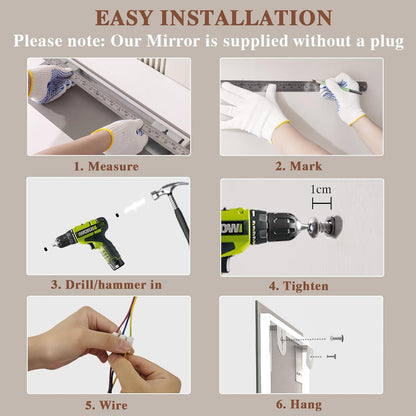 Installation guide for Archaluxe LED bathroom mirror with anti-fog showing measuring, drilling, and hanging steps