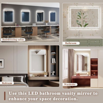 LED bathroom mirror with anti-fog showcased in various settings including a bathroom, bedroom, and salon