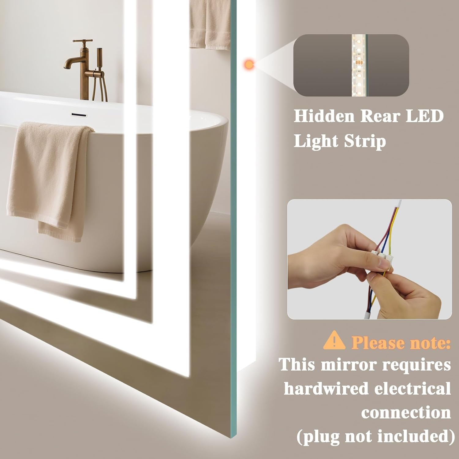 Archaluxe LED bathroom mirror with anti-fog and hidden rear LED light strip for modern bathrooms
