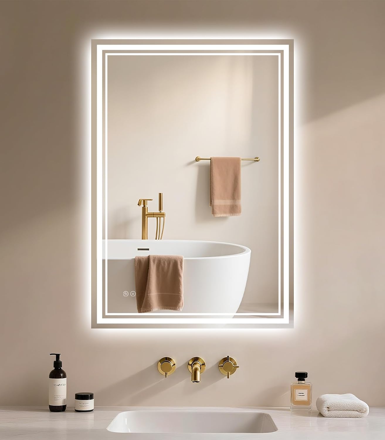Archaluxe LED bathroom mirror with anti-fog design, elegantly framed and illuminated for a sleek modern look