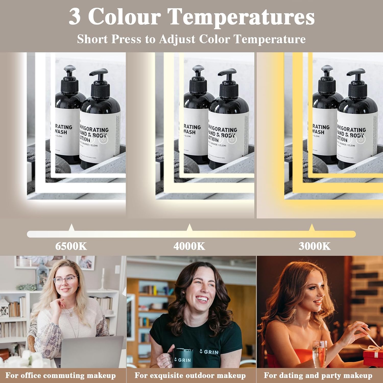 Archaluxe LED bathroom mirror with anti-fog featuring three adjustable colour temperatures for versatile lighting