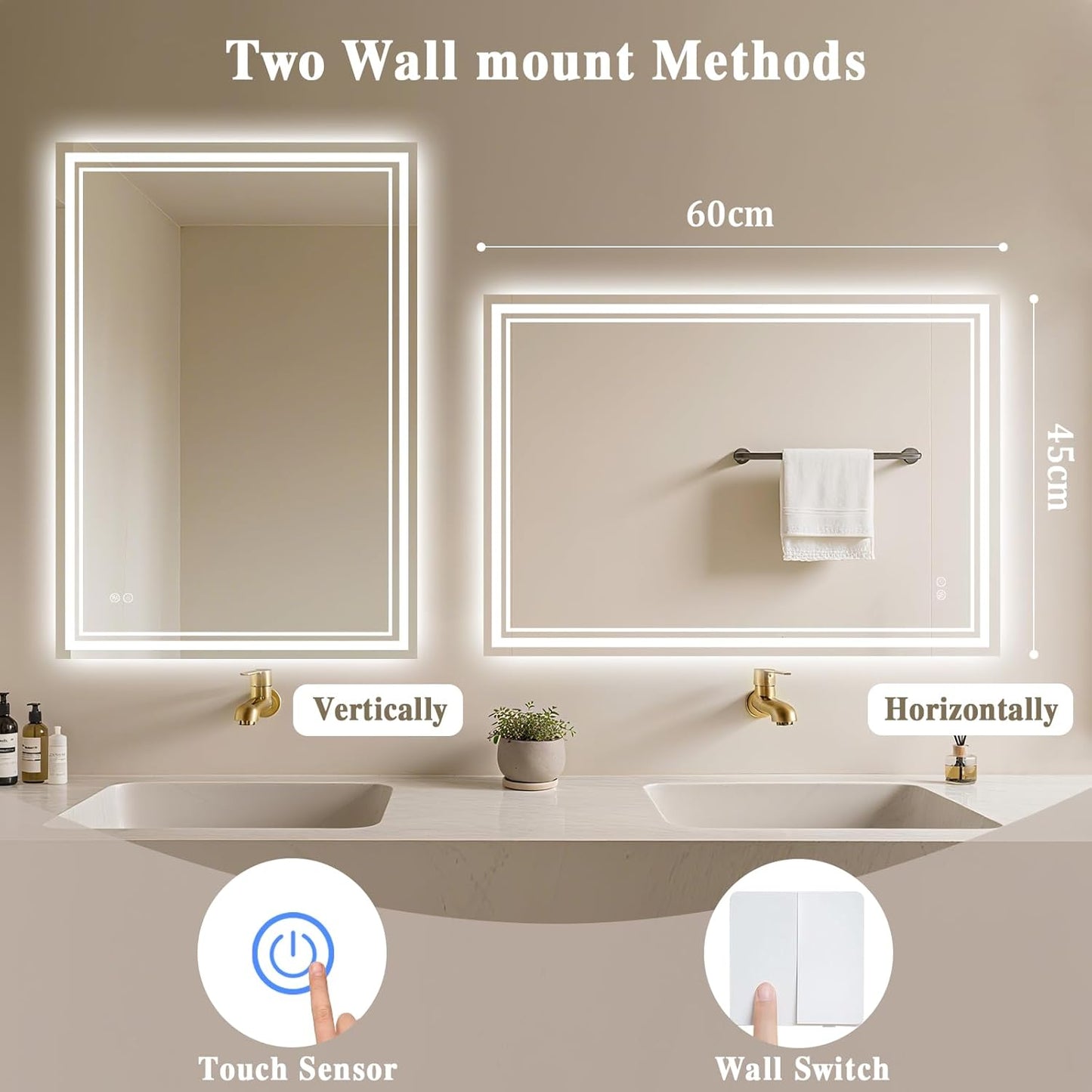 Archaluxe LED bathroom mirror with anti-fog, available in two wall mount methods for versatile installation