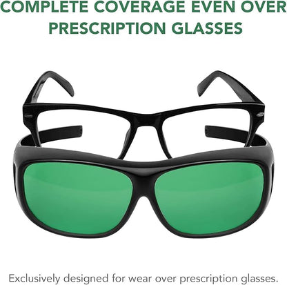 Senelux LED grow room glasses for hydroponics providing complete coverage over prescription glasses